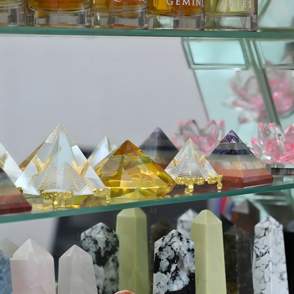 Clear and golden crystal pyramids with pink crystal lotuses on a glass shelf