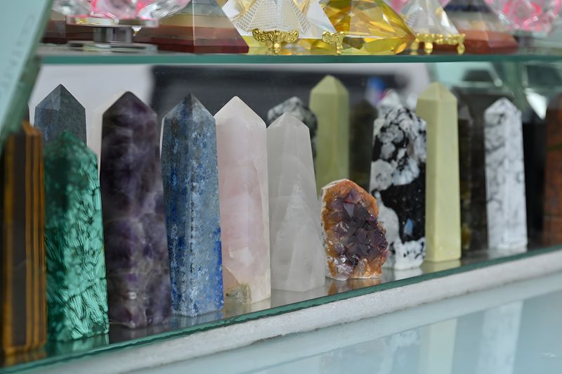 A row of crystal towers in green, purple, blue, pink and clear stone